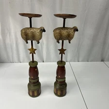 Creative Co-Op Rustic Folk Art Farmhouse Sheep Stars Tall Pillar Candle Holders