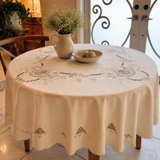 64" Round Embroidered Cutwork Tablecloth Cream Taupe Floral Cottage Farmhouse