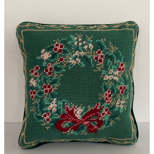 Vintage Christmas Wreath Needlepoint Wool Throw Pillow Green Velvet 9x9 Small