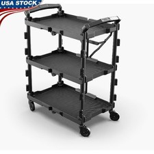 Folding Utility Cart Collapsible Trolley 3 Tier Heavy Duty Rubber Wheels New