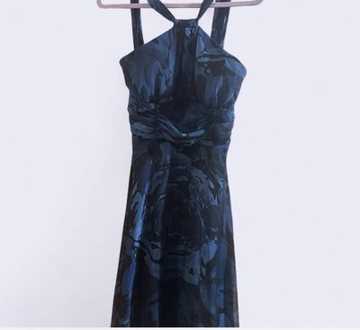 Connected Apparel Blue Black Floral Halter Maxi Dress Ruched Size 10