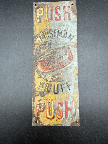 Vintage Norseman Snuff Tobacco Advertising Push Tin Tacker Sign Embossed