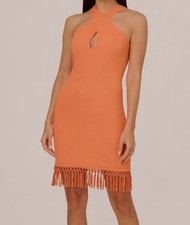 Adrianna by Adrianna Papell Women's Orange Rib-Knit Fringe-Hem Dress Size 10