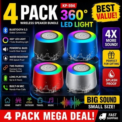 4er Pack Bluetooth Lautsprecher Tragbar Mini Wireless LED Bass TWS Wasserdicht