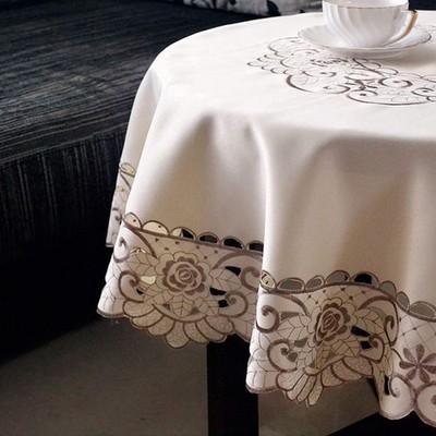 Amzali Round Table Cloth Flower Embroidered Lace Tablecloth Wrinkle Stain