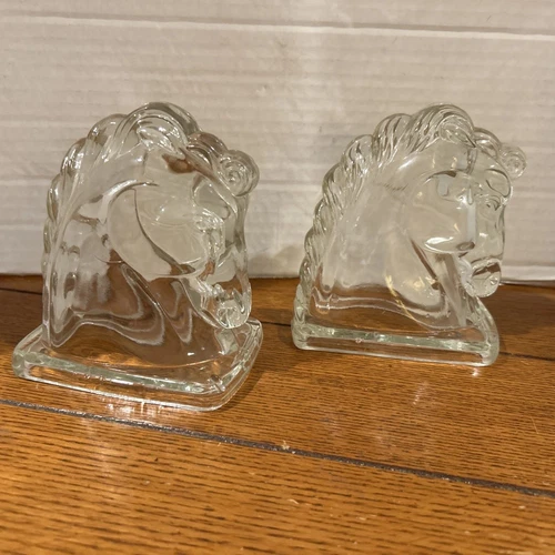 Set of 2 Vintage 1940s Federal Glass Clear Horse Head Bookends