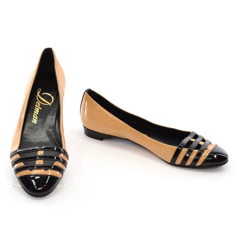 女士 Delman 帽趾芭蕾平底鞋 6 M 棕褐色黑色专利撇渣器懒人鞋 — 第 2/4 张图片