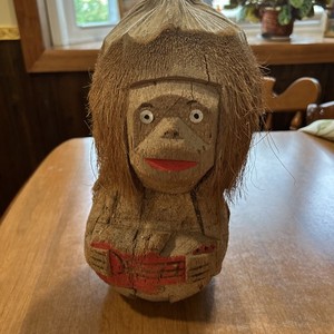 Vintage Carved Coconut Head Monkey Tiki Bar Decor Tropical Island Folk Art