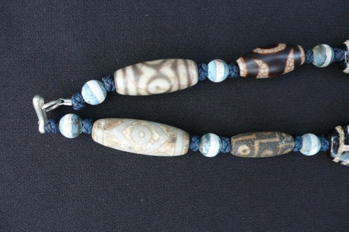 Handcrafted Beaded Necklace w Oval Geometric Patterns and Carved Jade Cat - Picture 6 of 7