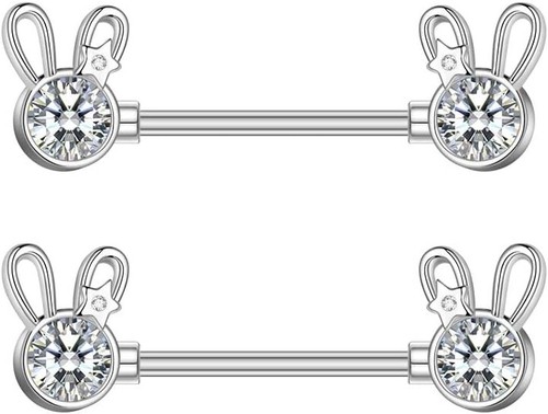 14G Cute Rabbit Nipple Rings Stainless Steel Cubic Zirconia Crystal Bunny Tongue