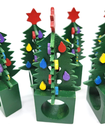 Dept 56 Napkin Rings Christmas Tree Wooden Multicolor Bulbs Star - Set of 6 - Picture 5 of 7