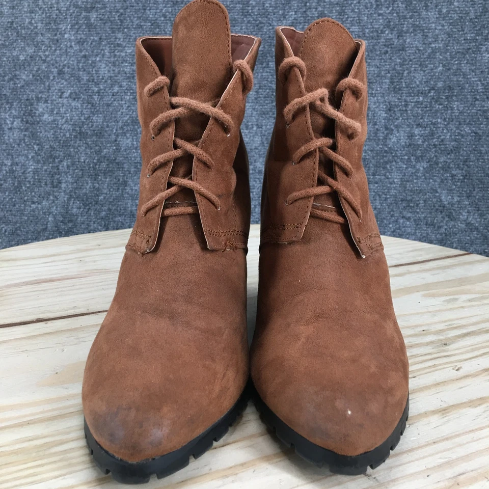 Botas Qupid para mujer 8,5 tacón de cuña botín al tobillo cómodo marrón imitación gamuza con cordones Foto 4 de 4