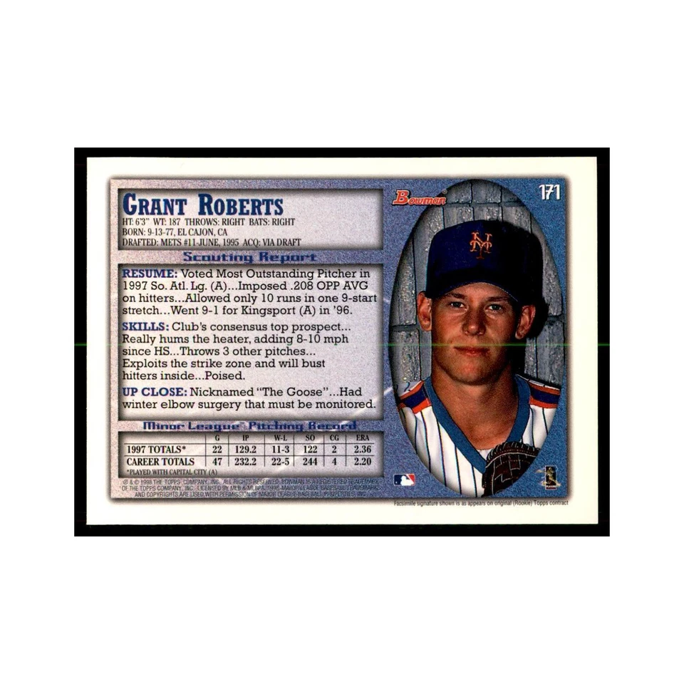 1998 Bowman Grant Roberts Baseball Cards #171 - Image 2 of 3