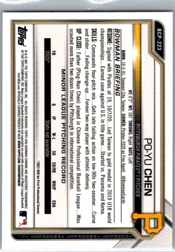 2021 Bowman Chrome #BCP-223 Po-Yu Chen Prospects Mojo Refractor mint - Picture 2 of 2