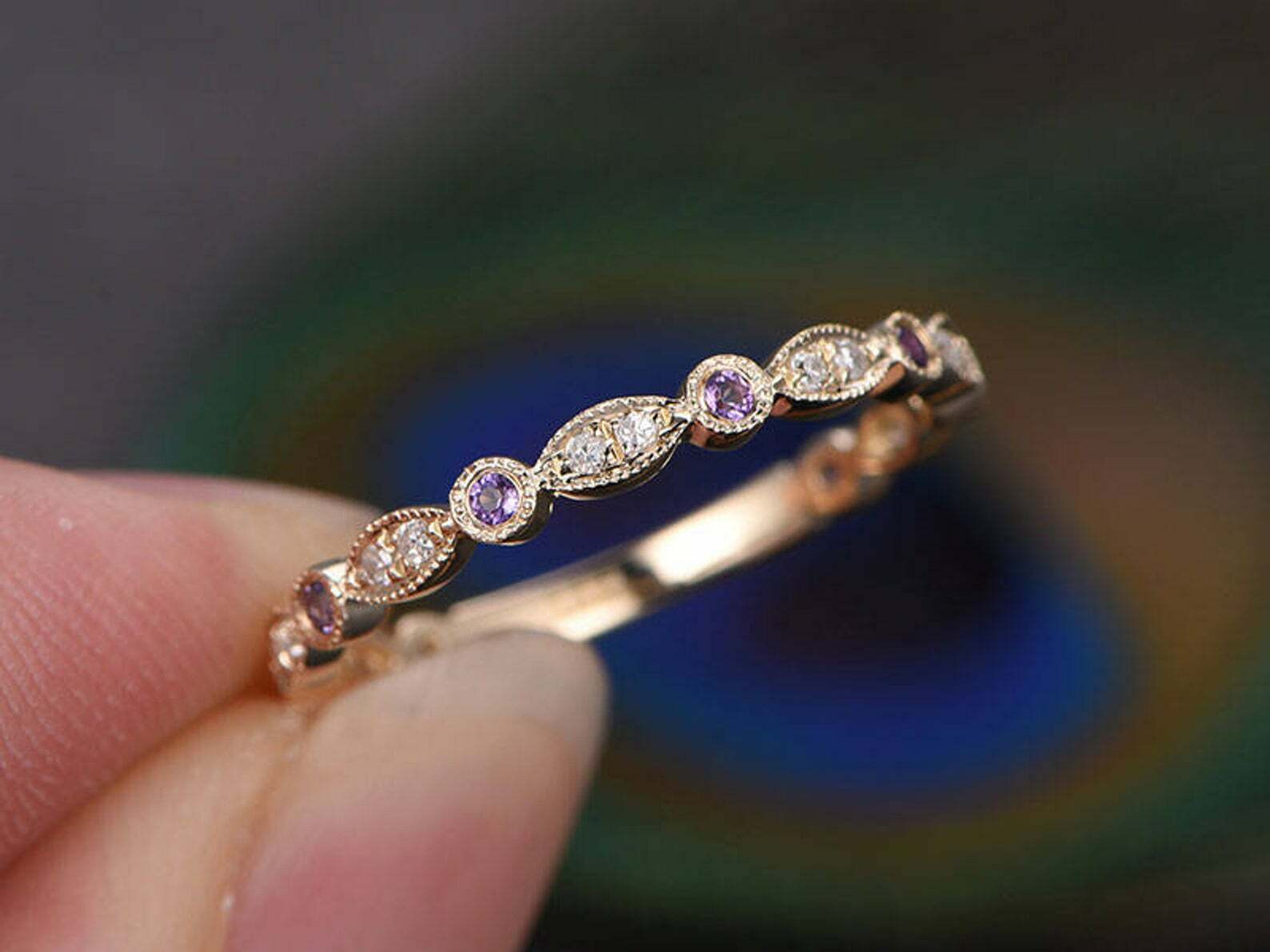 Natural Purple Amethyst Stylish Half Eternity Band Ring Gold Plated Silver