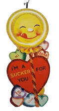 ANTHROPOMORPHIC LOLLY POP, CONVERSATION HEARTS * Glitter VALENTINE ORNAMENT Vtg