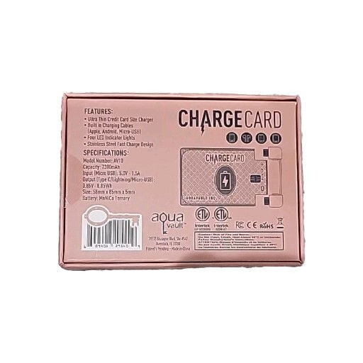 AquaVault ChargeCard Credit Card Size Portable Apple Android Charger Pink AV10