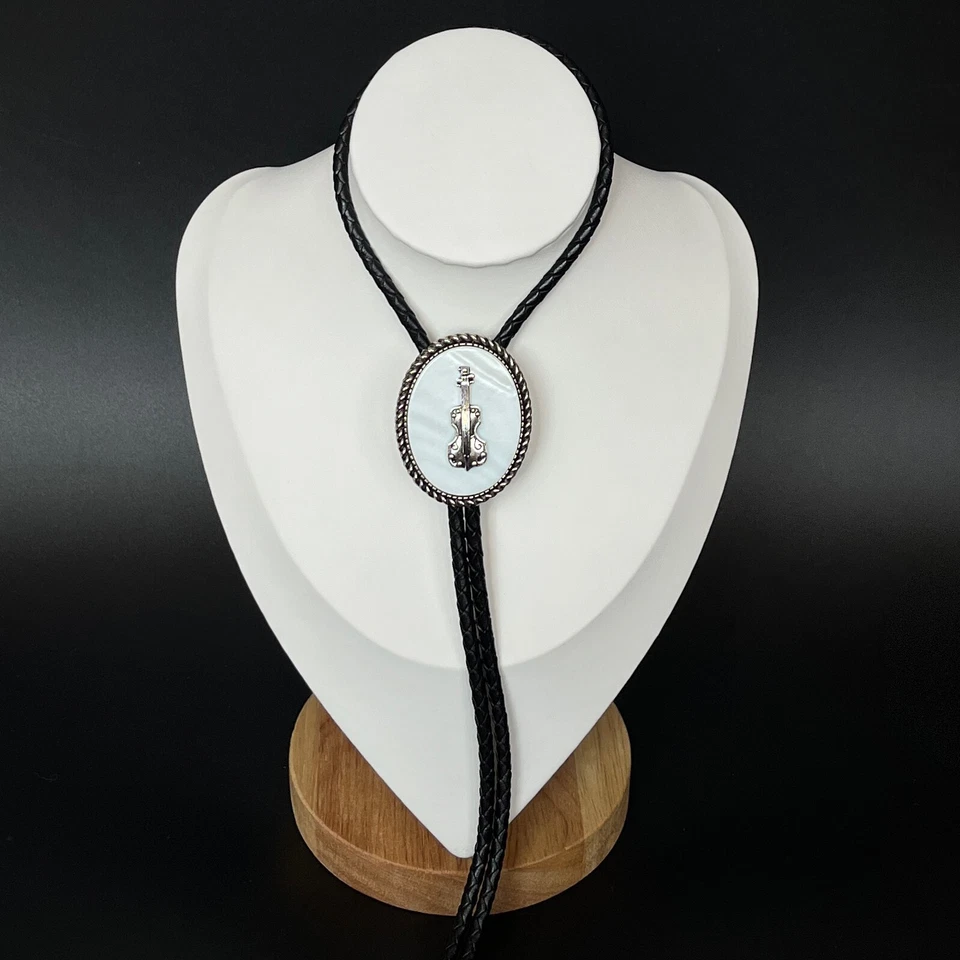 Madre de la Perla y Plata Violín Bolo Corbata Western Cuero Real Cuerda Collar Foto 2 de 4