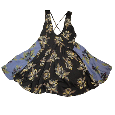 Free People Thought I Was Dreaming Floral Mini Dress S Black Blue Low Open  Back | eBay