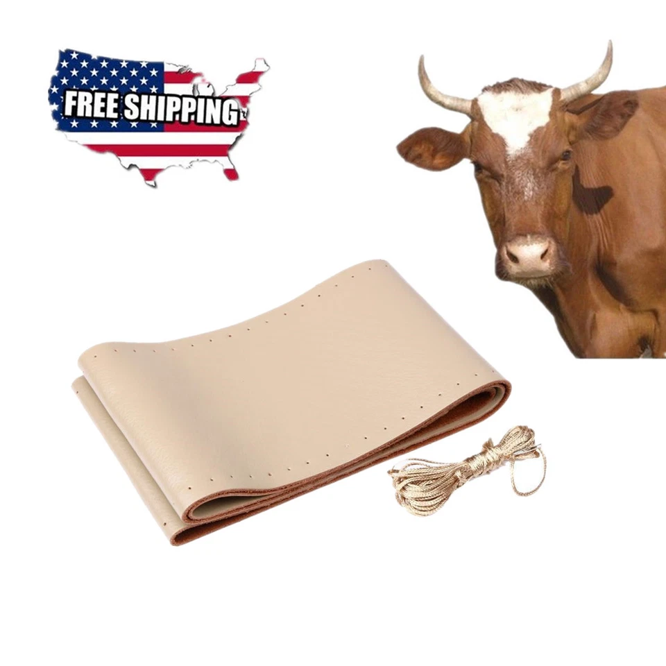 Cubierta de volante de auto de cuero genuino con agujas e rosca beige EE. UU. Foto 3 de 4