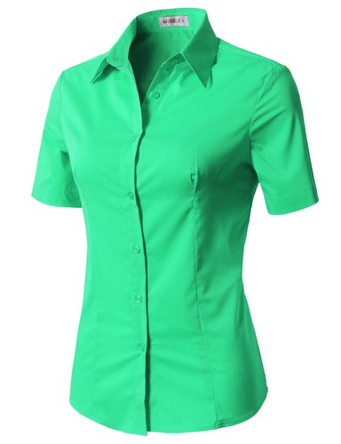Womens Button Down Shirt Basic SLIM FIT Simple Short Sleeve Collared S010 - Picture 52 of 95