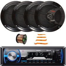 Pyle Single DIN CD/MP3 Receiver, 4x 6.5'' 150W Boat Black Stereo Speakers  Wire