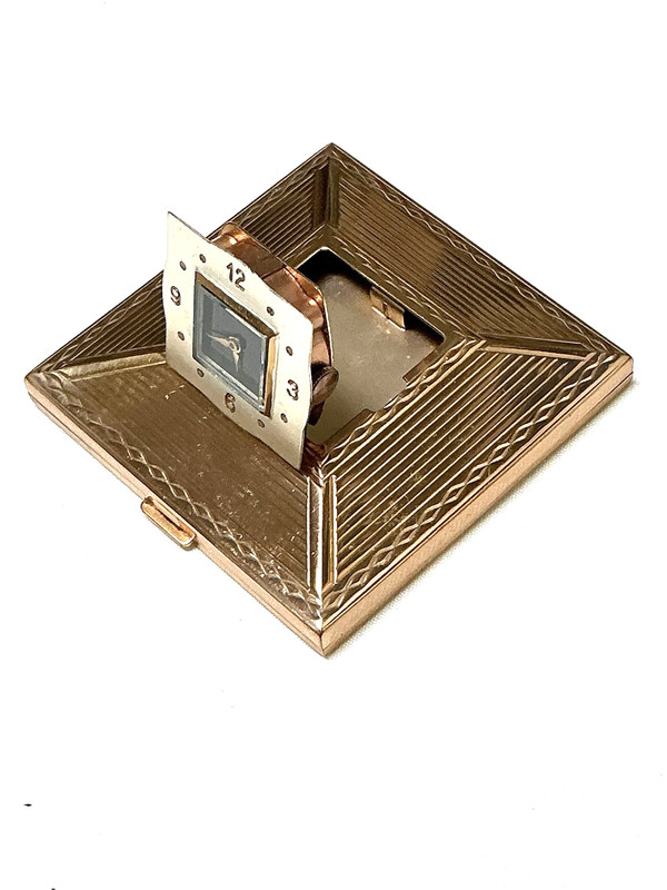 Vintage Amere Swiss Clock Powder Compact, 3” Square