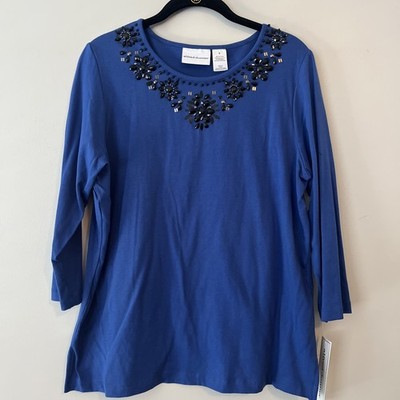 Alfred Dunner Windy City 2014 Blue 3/4 Sleeve Beaded Tshirt Round Neck S New
