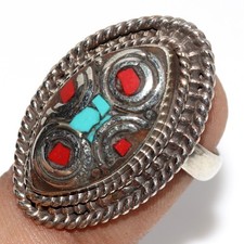 Tibetan Turquoise Red Coral Nepali Tribal Ring Us FreeSize Aesthetic MJ