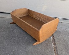 Vintage Rustic Primitive Large Oak Wood Rocking Cradle Crib Plant Stand Trough