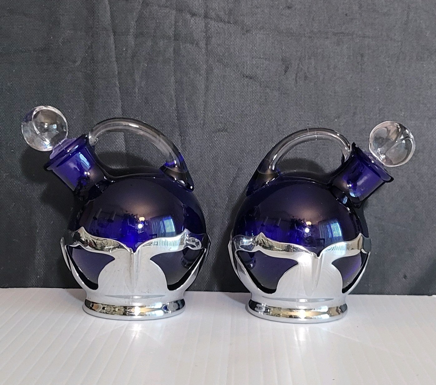 Vtg KROME KRAFT Farber Bros NY Oil Vinegar Cobalt Blue Glass 