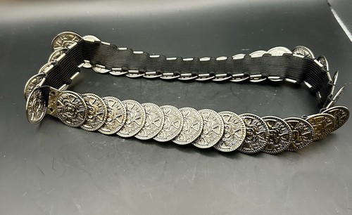 Vintage Medallion Waist Belt Silver Tone Metal Coin Stretch Elastic - Picture 2 of 9