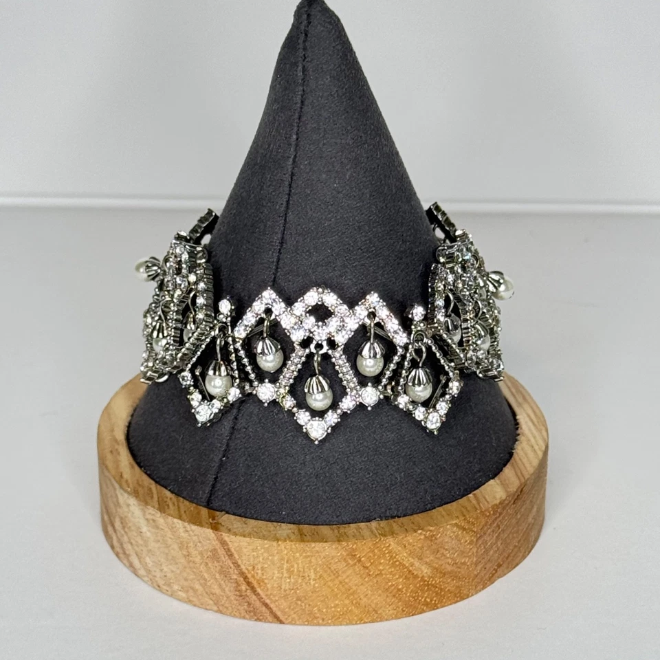 Pulsera elástica estilo vintage estrás colgante imitación perla tono plata boda Foto 4 de 4