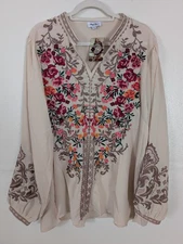 Angel Heart Boutique Blouse Women's 3X Floral Embroidery Boho Cowgirl Top Sheer