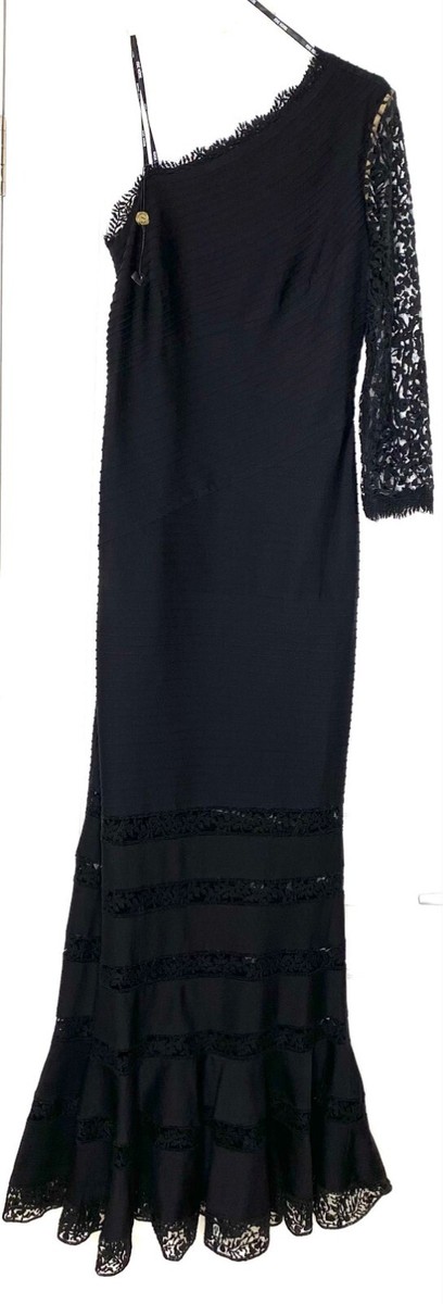TADASHI SHOJI Black One Shoulder Long Sleeve Lace Pintuck Jersey Mermaid  Gown M | eBay