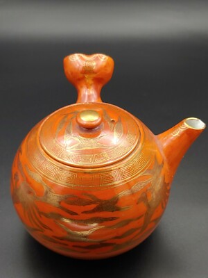 九谷烧永乐瓷珊瑚红金彩茶壶急需Antique Japan Kutani Red Coral Ware