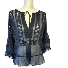 Daniel RAINN Sheer Top Women's Size Small Navy Blue Tie neckline