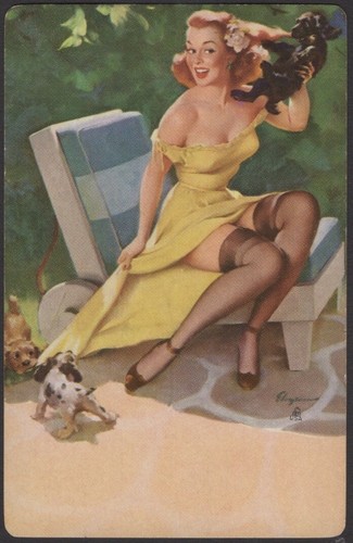 Playing Cards Single Card Old Vintage * ELVGREN Pin-Up Risqué Art GIRL + DOGS D - Picture 2 of 3