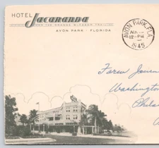 1945 Hotel Jacaranna on Orange Blossom Trail Avon Park FL  Advertising Cover