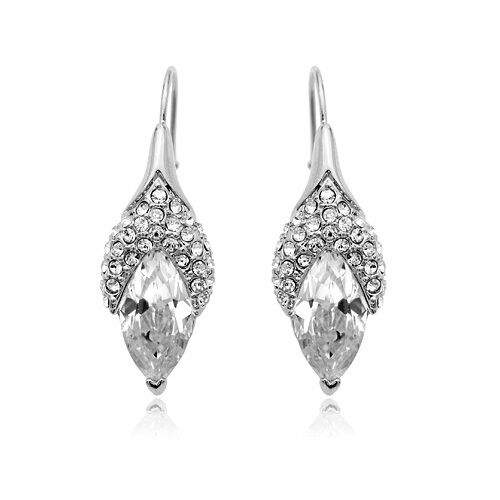LOVELY 18K WHITE GOLD PLATED GENUINE CLEAR CZ & AUSTRIAN CRYSTAL DANGLE EARRINGS - Picture 1 of 1