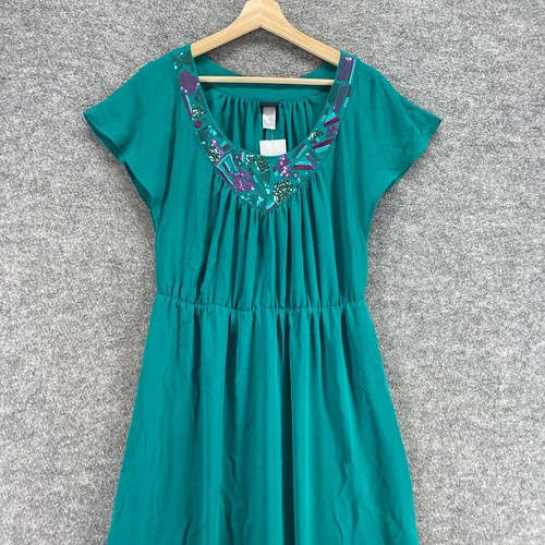 New H&M Sundress Women 14 Green Midi Sequin Round Neck Short Sleeve Casual - Picture 3 of 10