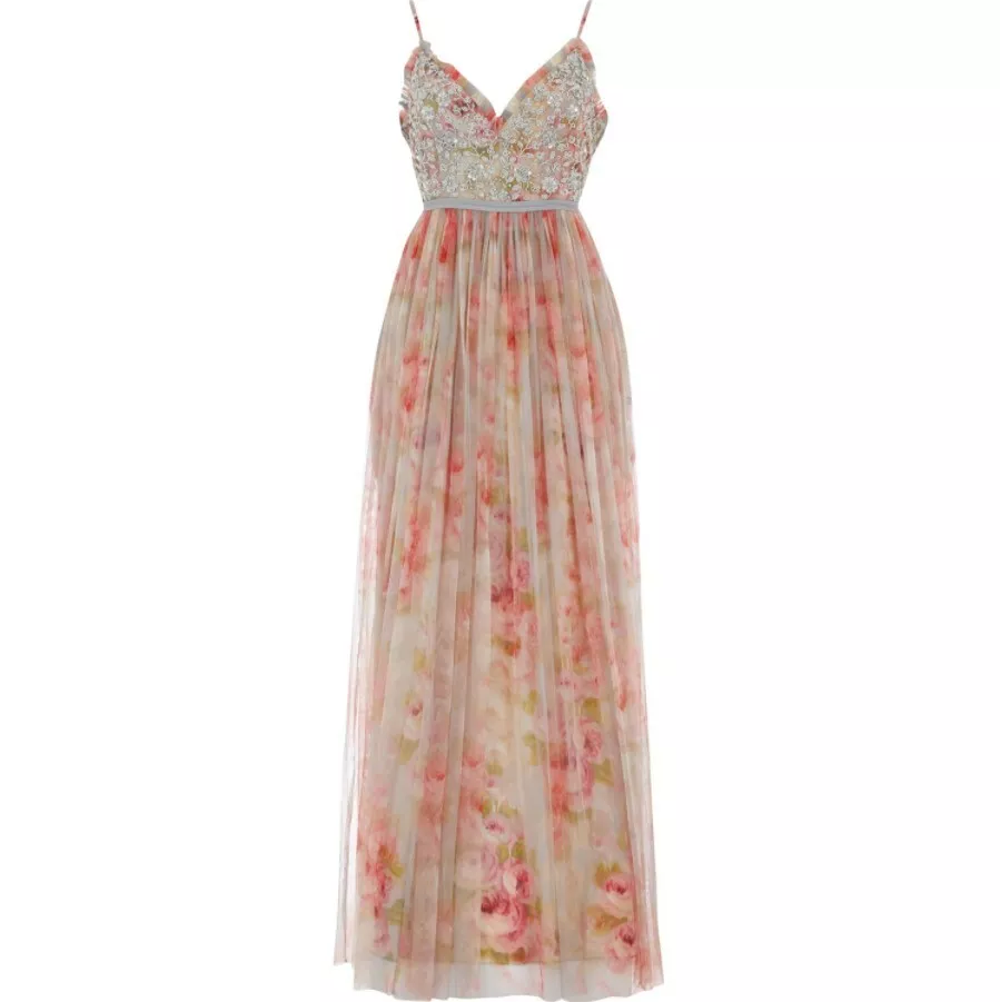 BNWT NEEDLE THREAD Grey Pink Floral Maxi Dress Size UK 14 RRP