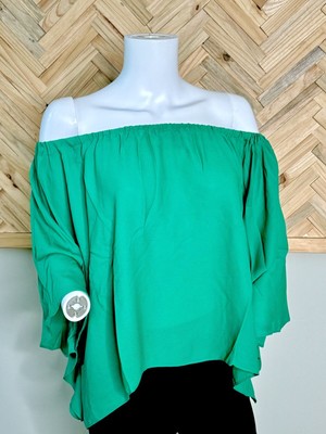 Krisa Off Shoulder Drape Top Sz Large Lush green NWT $138 Lightweight Chiffon