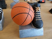 nice basketball trophy, new, 3.5" x 3.5", with engraving, colored ball  shoe
