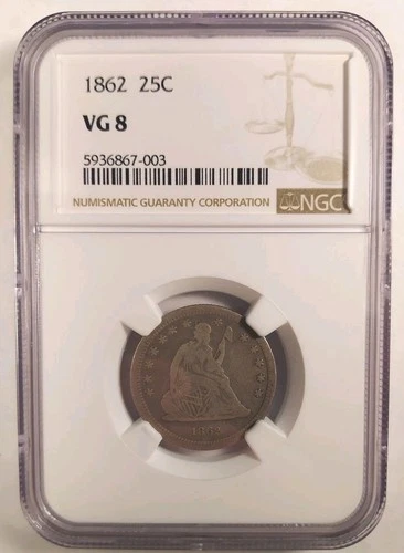 Pop 1 Of Only 2 NGC Graded VG8, 1862 Seated Liberty Quarter 25C Philadelphia 