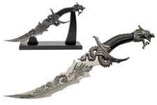 13" Fantasy Sea Dragon Dagger Display Knife LARP Cosplay Wooden Stand