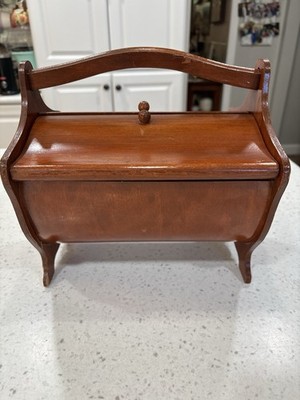 Vintage SEWING BASKET BOX Caddy. WOOD ROUND BOTTOM DOUBLE LID 4 FOOTED