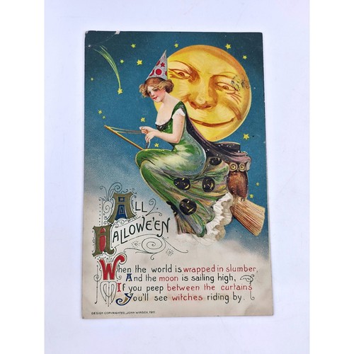Vintage 1911 John Winsch Halloween Postcard Witch Moon Owl 1912 Postmark Germany