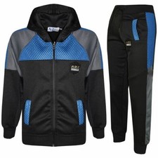 Kids Girls Boys Tracksuits Mesh Black Hooded Top Bottom School Sport Joggingsuit