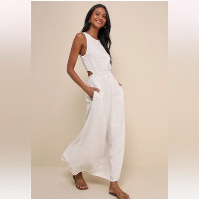 Little Lies Exceptionally Breezy Beige Linen Cutout Maxi Dress With Pockets New